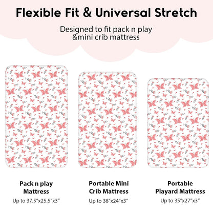 Yoofoss Fitted Pack and Play Sheets - Soft, Breathable Mini Crib Sheets 2-Pack (Pink + Butterflies)
