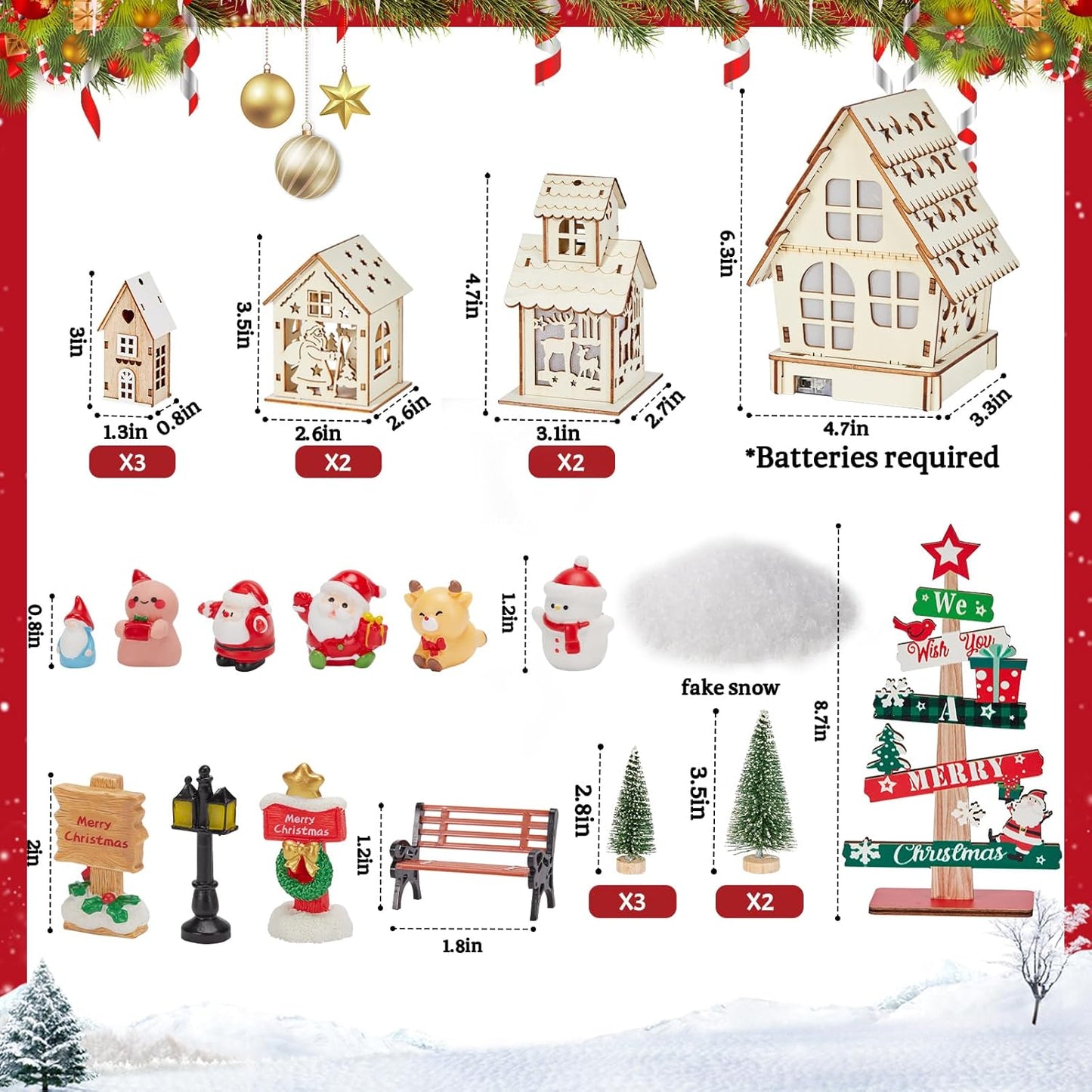 Skiennix 29-Piece Christmas Village Set - Lighted Wooden Houses with Miniature Trees & Ornaments