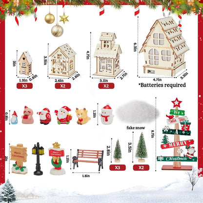 Skiennix 29-Piece Christmas Village Set - Lighted Wooden Houses with Miniature Trees & Ornaments