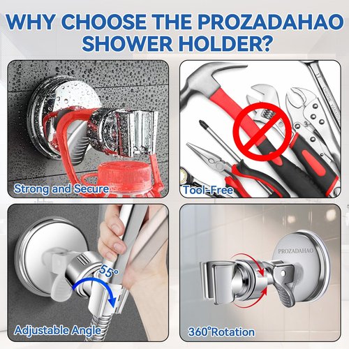 PROZADAHAO Adjustable Shower Head Holder, Bathroom Suction Cup Bracket for Handheld Showerhead, Removable Wall Mounted Shower Bracket (Silver) (Silver, 1)