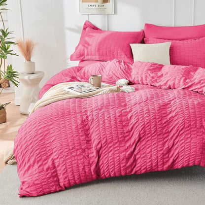 HYMOKEGE Comforter Set - Hot Pink Seersucker Luxury Bedding - 7 Pieces for All Season Comfort