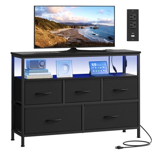 SONGMICS BELLAH Collection - Dresser for Bedroom with App-Controlled LED Lights and Charging Station, Chest of Drawers, TV Stand, 5 Drawers, Shelf, Modern, Ink Black ULGS723BH02S