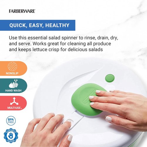 Farberware Pro Pump Salad Spinner - Easy-To-Use Bowl & Colander with Built-In Draining System | 6.6 Quart, Green