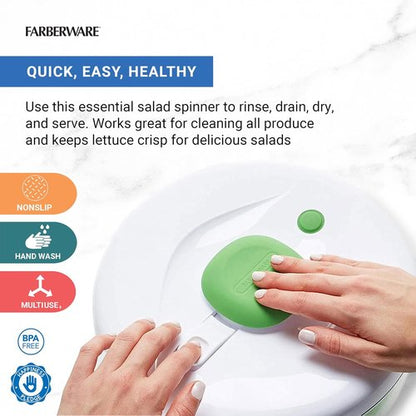 Farberware Pro Pump Salad Spinner - Easy-To-Use Bowl & Colander with Built-In Draining System | 6.6 Quart, Green