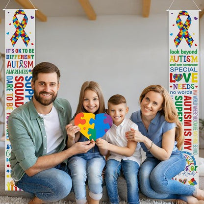 DoubleFill Autism Awareness Banners - 2 Pcs Puzzle Piece Door Decorations | Indoor/Outdoor Support Sign