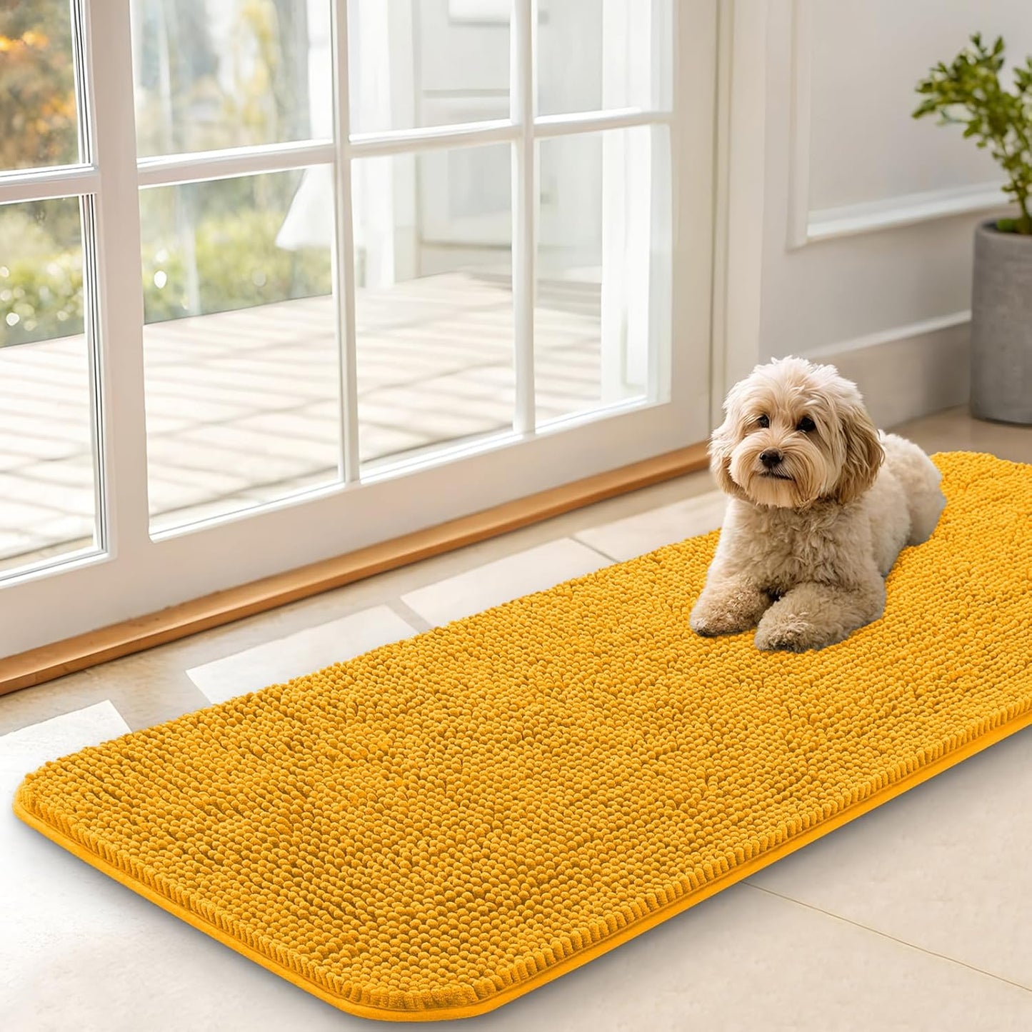 OLANLY Dog Door Mat - Absorbent Non-Slip Washable Chenille Mat for Muddy Paws | 47x17, Golden Yellow