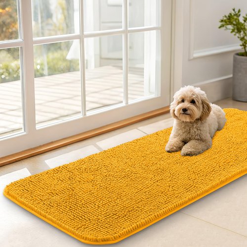 OLANLY Dog Door Mat for Muddy Paws 47x17, Absorbs Moisture and Dirt, Absorbent Non-Slip Washable Doormat, Quick Dry Chenille Mud Mat, Entry Indoor Entryway Carpet for Inside Floor, Golden Yellow