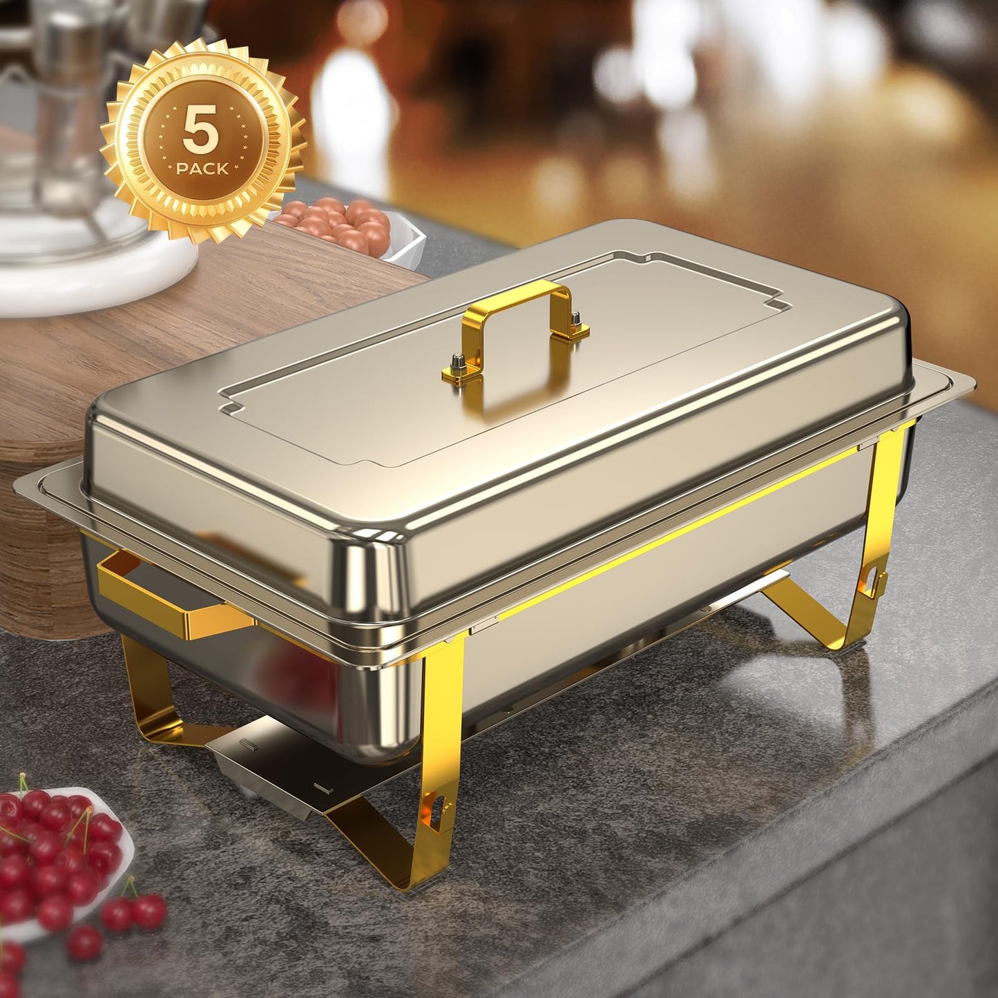 Chafing Dishes for Buffet 1 Pack, 8QT [Elegant & Sturdy] Chafing Dish Buffet Set, Stainless Steel Chafers and Buffet Warmers Sets, [High Grade Gold & Silver Colors] Food Warmers for Parties,Wedding