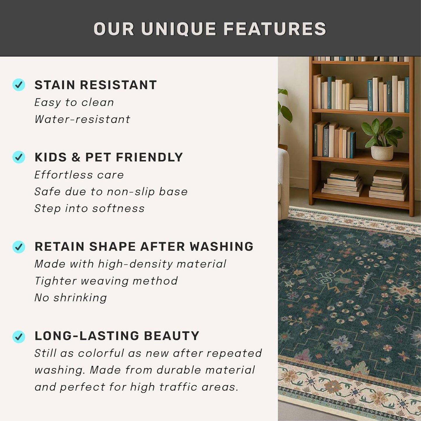 Oushak Dark Green 3x6 Kitchen Rug - Modern Vintage Boho Floral Design, Washable Non-Slip Area Rug for Entryway & Bedroom