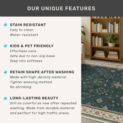 Oushak Dark Green 3x6 Kitchen Rug - Modern Vintage Boho Floral Design, Washable Non-Slip Area Rug for Entryway & Bedroom