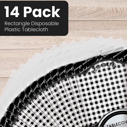 Skiennix 14-Pack Disposable Black Gingham Checkered Tablecloths - 54" x 108" for Parties & Events