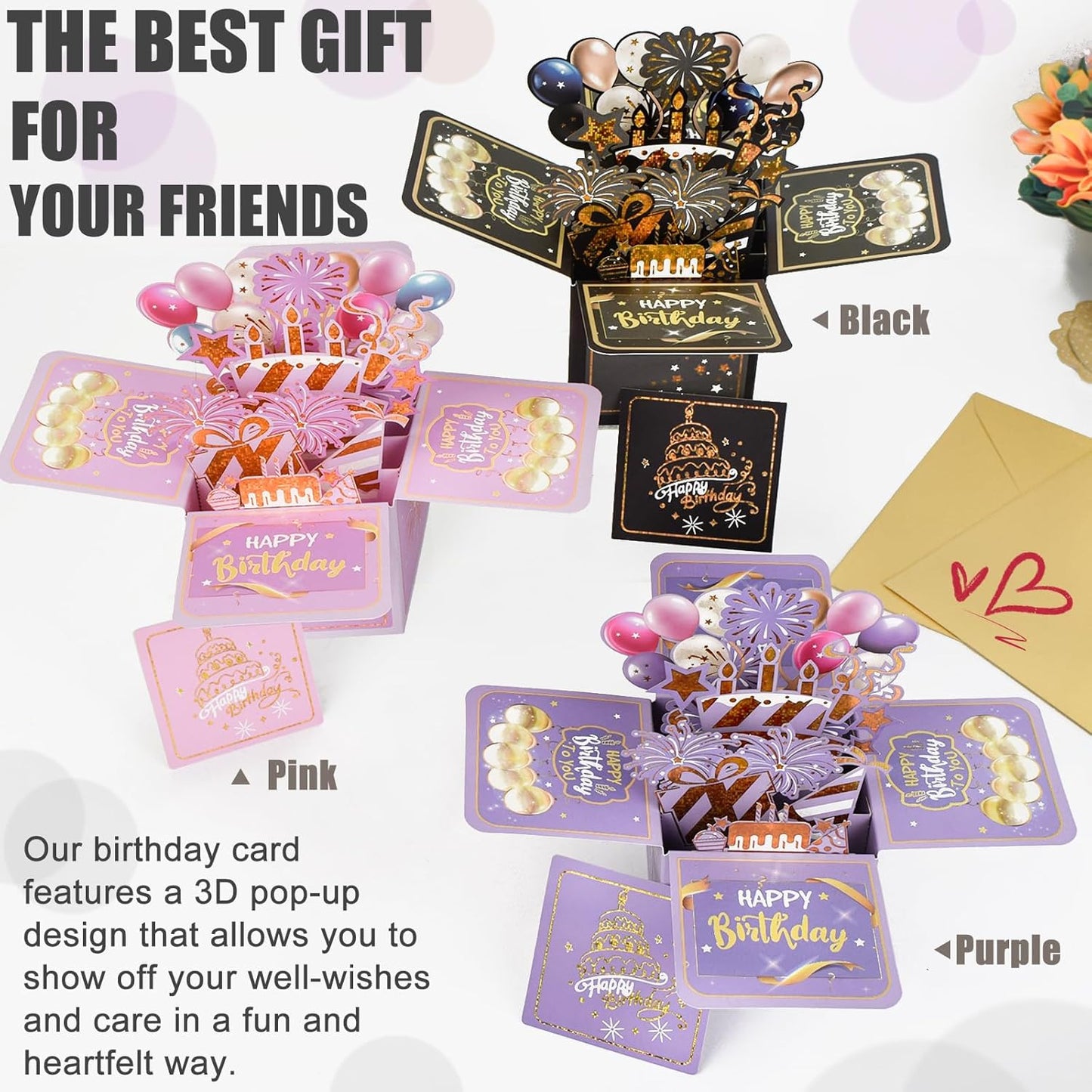 Surprise Pop Up Birthday Cards - Unique 3D Handmade Greeting Card for Adults & Kids | Black