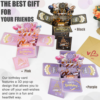 Surprise Pop Up Birthday Cards - Unique 3D Handmade Greeting Card for Adults & Kids | Black