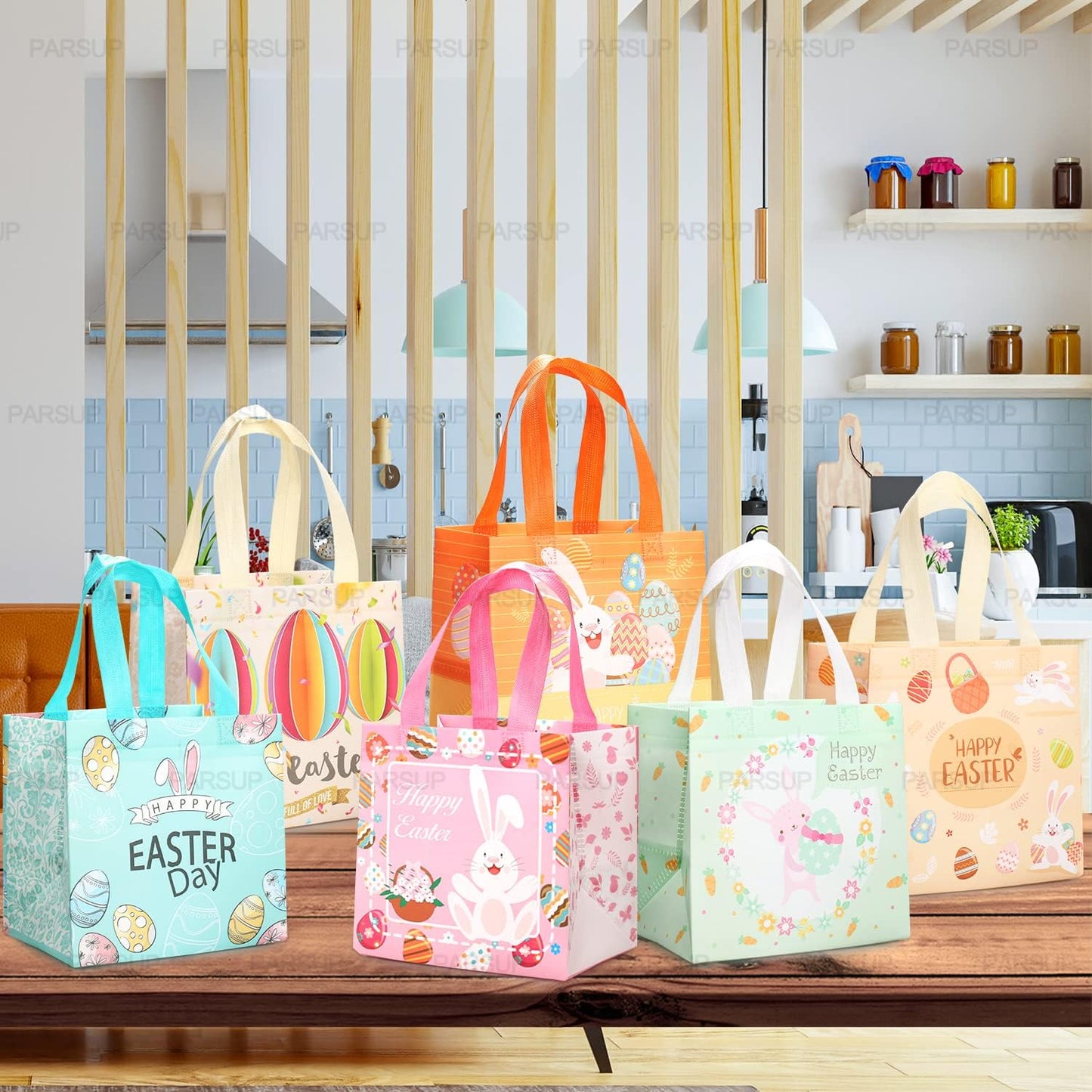 PARSUP 6PCS Happy Easter Bunny Carrot Chick Egg Hunt Gift Treat Multifunctional Non-Woven Bags with Handles,Easter Party Supplies for Gifts Wrapping, 8.3×7.9×5.9inch