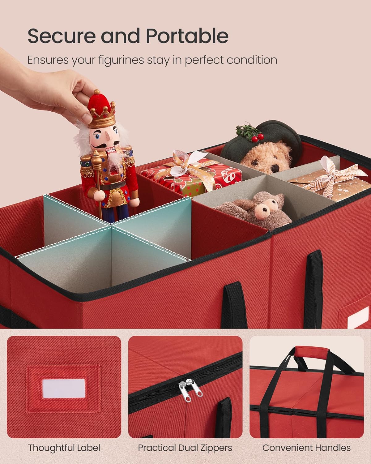 SONGMICS Christmas Figurine Storage Box - Organize 15-Inch Figurines & Nutcrackers | Adjustable Dividers, 8 Slots, Cherry Red