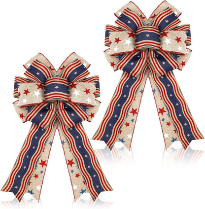 Moucuny Patriotic Burlap Bows - 4th of July Red, White & Blue Stars | Memorial Day Tree Topper & Wreath Decor