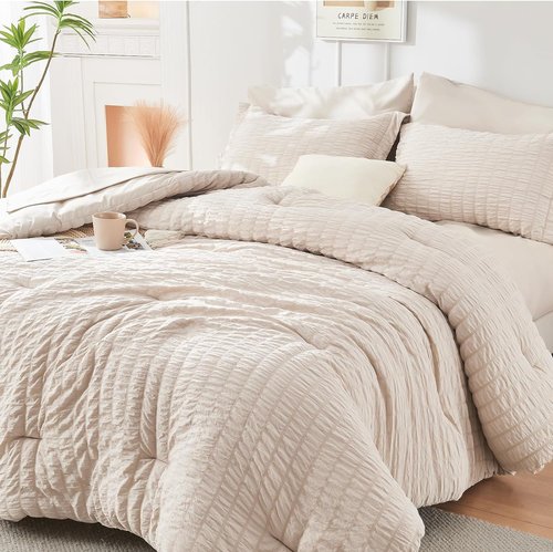 HYMOKEGE Twin Comforter Set - 5-Piece All-Season Luxury Bedding in Beige with Sheets & Pillowcase
