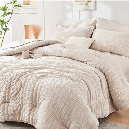 HYMOKEGE Beige Twin Comforter Set Seersucker 5 Pieces, All Season Luxury Bed in a Bag for Bedroom, Bedding Set with Comforters, Sheets, Pillowcase & Sham