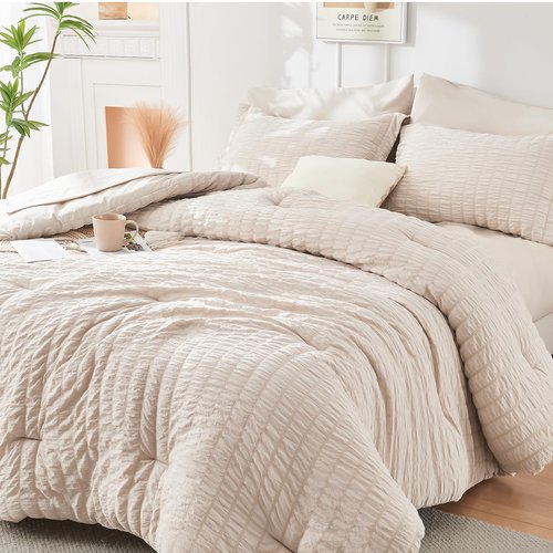 HYMOKEGE Beige Twin Comforter Set Seersucker 5 Pieces, All Season Luxury Bed in a Bag for Bedroom, Bedding Set with Comforters, Sheets, Pillowcase & Sham
