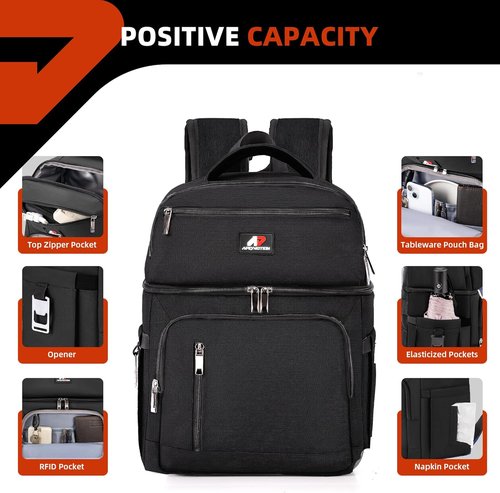 COOLJOB Insulated Cooler Backpack - Leakproof Lunch Bag with Waterproof Liner | Black, Double Roomy Design