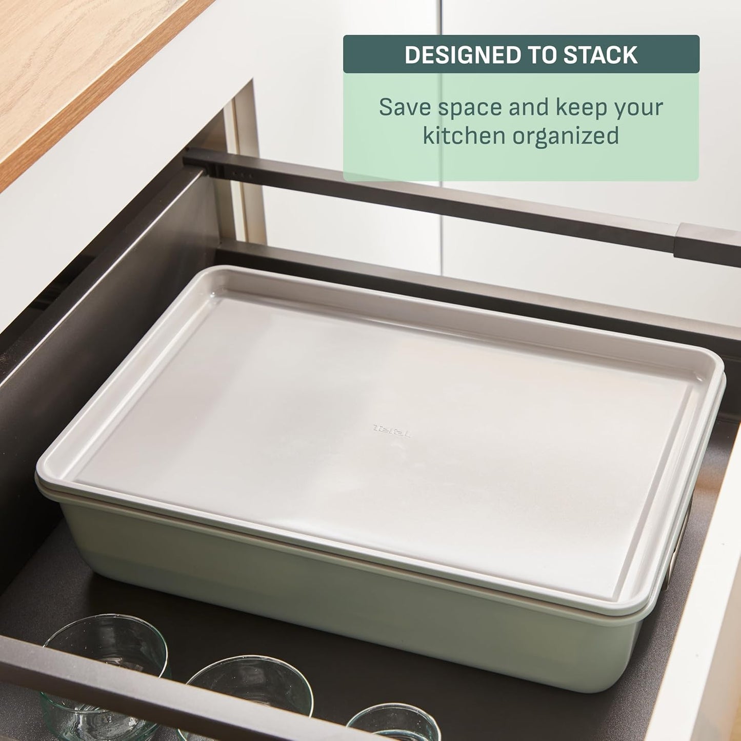 T-fal Ceramic Nonstick Baking Pans Set - 5 Pieces, Stackable Bakeware in Mint Green for Muffins & Roasting