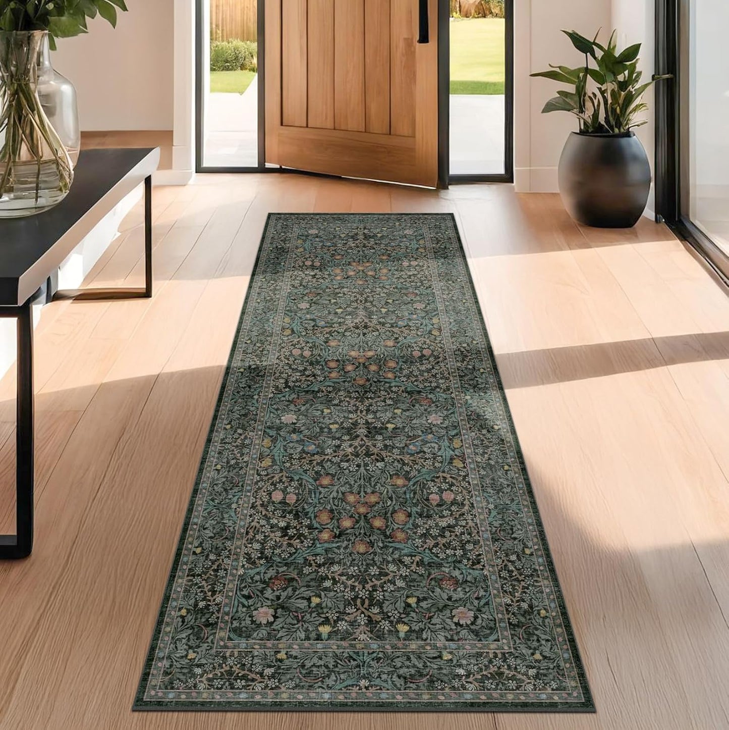 Boho Vintage Floral Kitchen Runner Rug - Non-Slip, Washable Rubber Backed | Dark Green Low Pile Carpet for Entryway & Hallway