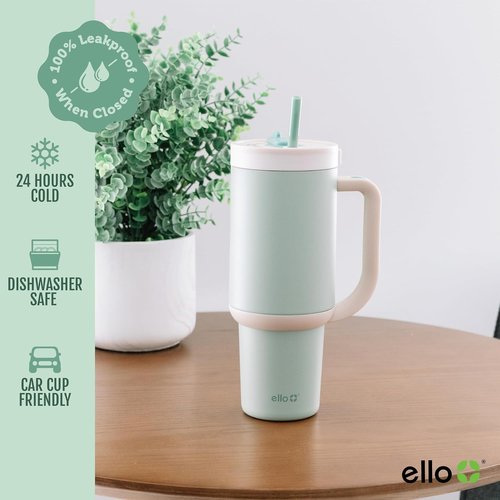 Ello Oasis 30 oz Tumbler - Insulated Stainless Steel Cup with Handle & Straw | 100% Leakproof, Keeps Drinks Cold for 24 Hours, Pistachio
