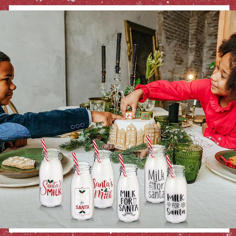 Christmas Glass Milk Bottles with Lids & Straws - 6x8 oz Set
