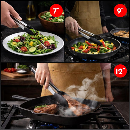 Skiennix Kitchen Tongs Set - Heat Resistant Silicone Tips | 3 Sizes: 7-Inch, 9-Inch, 12-Inch, Black