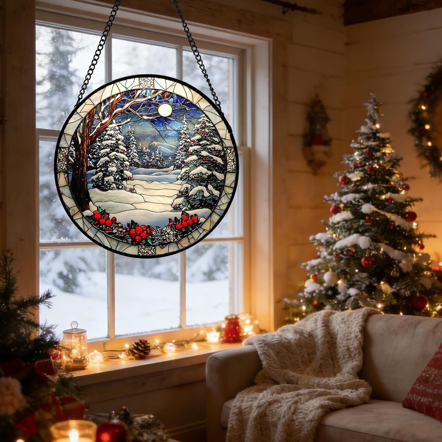 DASTOLL Stained Glass Window Hanging - Winter Snow Night Scenery Suncatcher | 7.8" Home Decor Gift for All