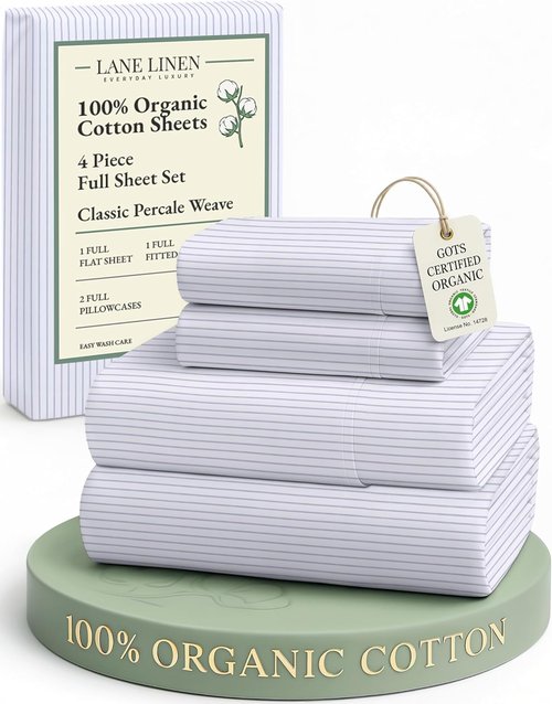 LANE LINEN 100% Organic Cotton Full Sheet Set - Soft, Fade Resistant, Naturally Cooling Bedding | Blue Ticking Stripe