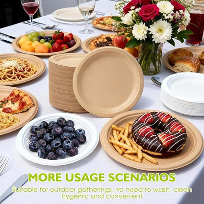 Eco-Plate 9-Inch Compostable Paper Plates - Biodegradable Heavy-Duty Round Plates | 125 Pack, Unbleached Brown