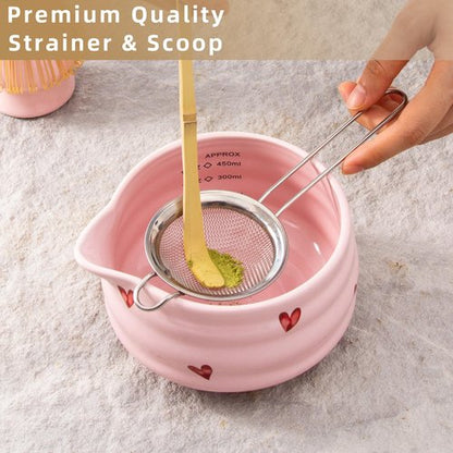 YumiPLUS 5pcs Premium Matcha Set,Ceramic Bowl with Spout and Bamboo Whisk set, Ceremonical Matcha Kit for breakfast/latte,Tea Starter Making Kit,Unique Matcha Gift set (pink love)
