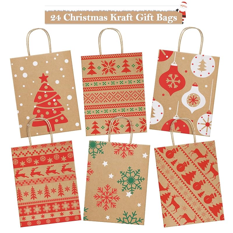 Christmas Gift Bags 24 Pcs Kraft Gift Bags with Handles - 8x4.25x10.5 - 6 Designs (Variation: Christmas Pattern A+1 Count Pack of 24)