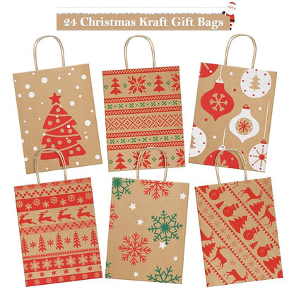 Christmas Gift Bags 24 Pcs Kraft Gift Bags with Handles - 8x4.25x10.5 - 6 Designs (Variation: Christmas Pattern A+1 Count Pack of 24)