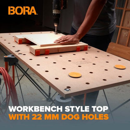BORA Centipede Workbench Table Top - 24" x 48" Wood Top with 20mm Dog Holes & 6 Quick-Twist Lock Handles