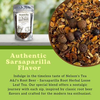 Nelson's Tea - A&J's Root Beer Burdock, Licorice, Dandelion, Chicory, Ginger Root, Sarsaparilla, Birch Bark, Star Anise, Fennel Seed, Cinnamon Chip, Coriander, Cloves, Juniper Berry, Flavoring (4 oz)