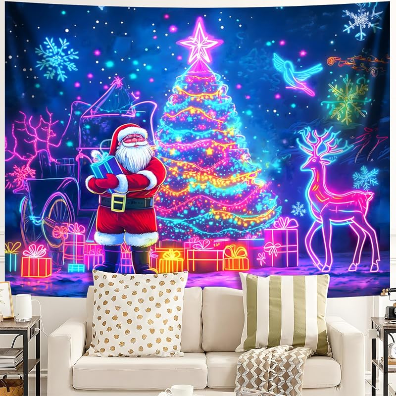 Merry Christmas Blacklight Tapestry – UV Reactive Wall Hanging, 79" x 59" Tree Design