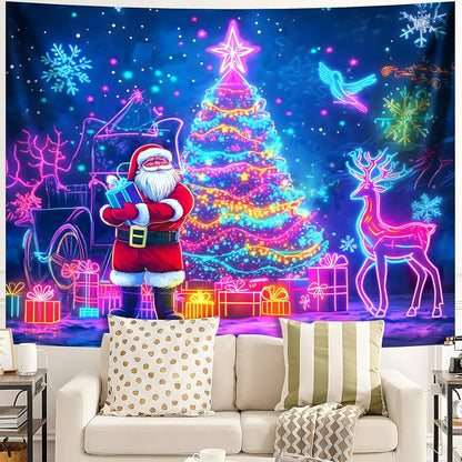 Merry Christmas Blacklight Tapestry – UV Reactive Wall Hanging, 79" x 59" Tree Design