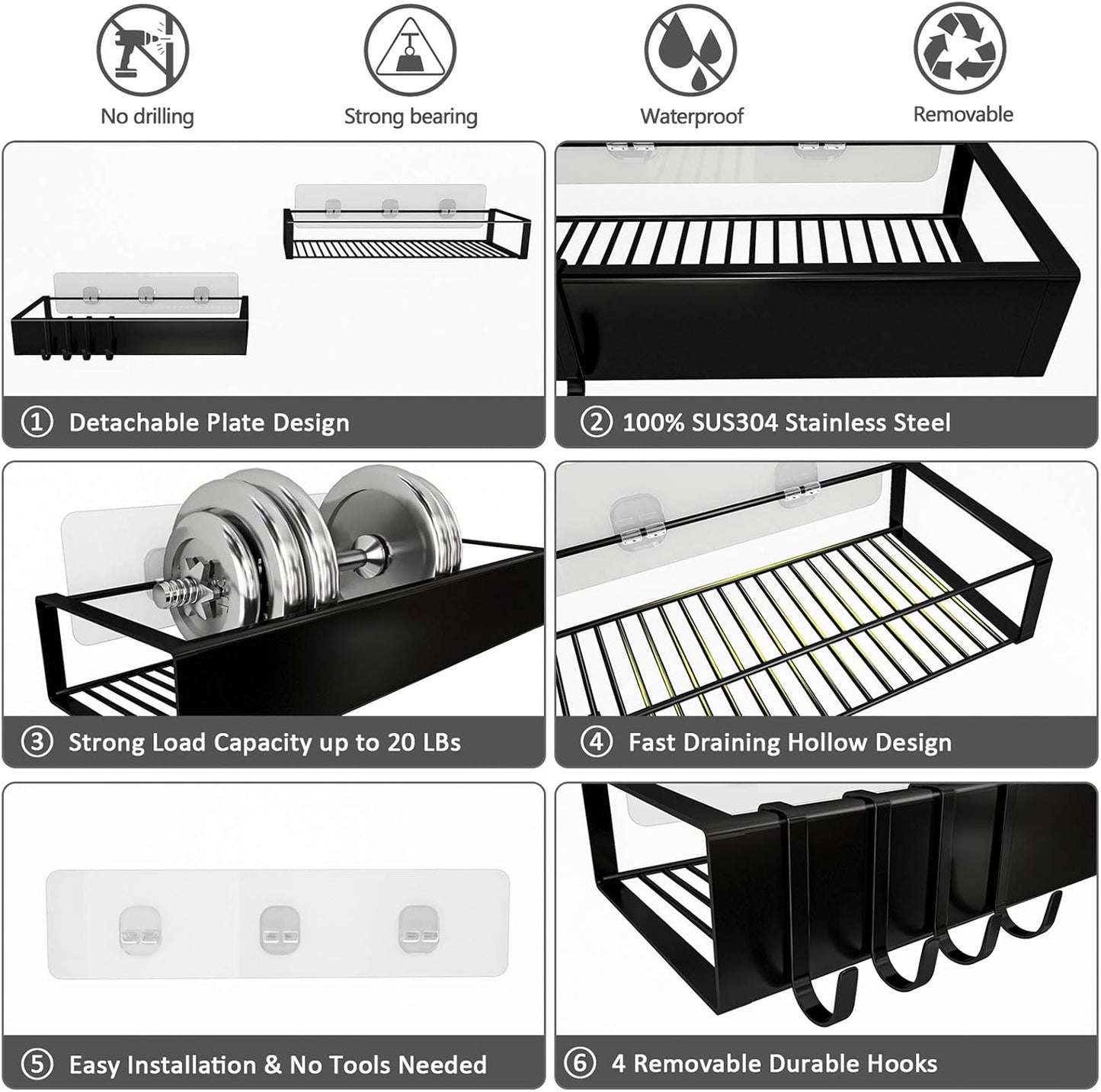 Skiennix Shower Caddy - Adhesive Organizer with Hooks | No-Drill Storage for Bathroom & Kitchen - 2 Pack Black