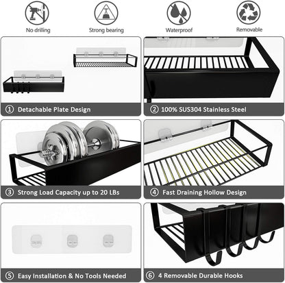Skiennix Shower Caddy - Adhesive Organizer with Hooks | No-Drill Storage for Bathroom & Kitchen - 2 Pack Black