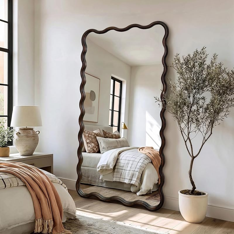 AMOISE Full Length Mirror 56x28 in - Brown Boho Wavy Floor Mirror