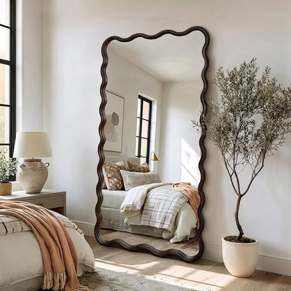 AMOISE Full Length Mirror 56x28 in - Brown Boho Wavy Floor Mirror
