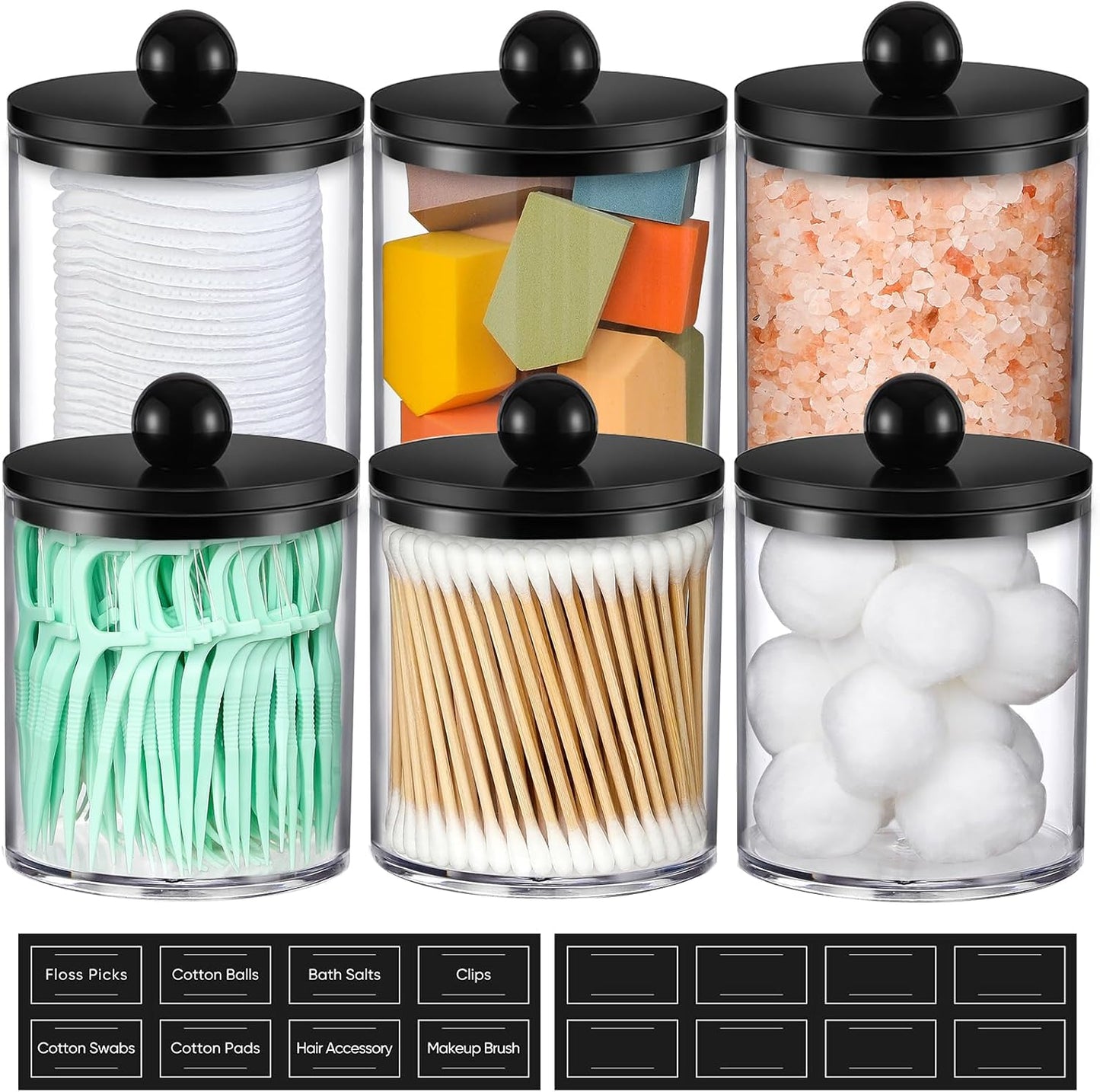 Skiennix Acrylic Qtip Holder Dispenser - 6 Pack Clear & Black Bathroom Storage Organizer for Cotton Swabs, Balls, Pads, Floss