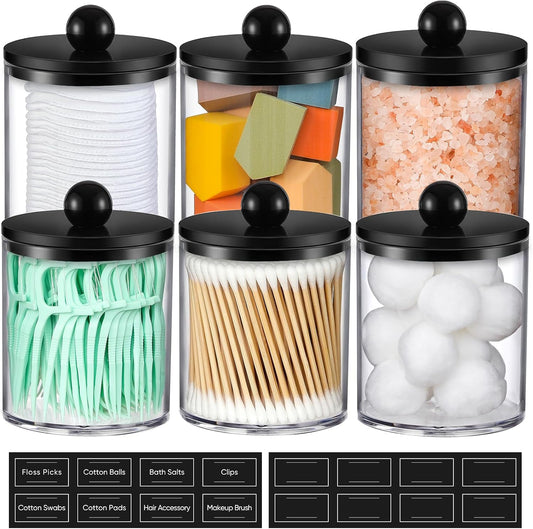 Skiennix Acrylic Qtip Holder Dispenser - 6 Pack Clear & Black Bathroom Storage Organizer for Cotton Swabs, Balls, Pads, Floss
