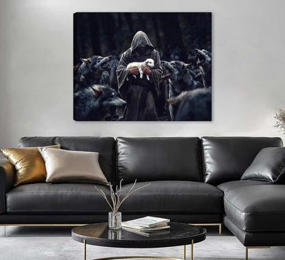 Jesus Saves | Protecting Lamb from Wolves Art - Christian Wall Decor Canvas Print 12"x16"