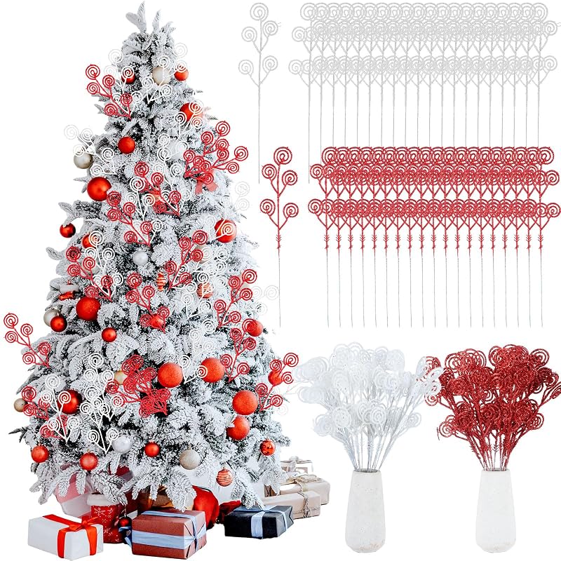 Riceshoot 50 Pcs Christmas Tree Picks Red & White Glitter Sprays - 34 cm