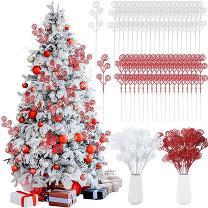 Riceshoot 50 Pcs Christmas Tree Picks Red & White Glitter Sprays - 34 cm