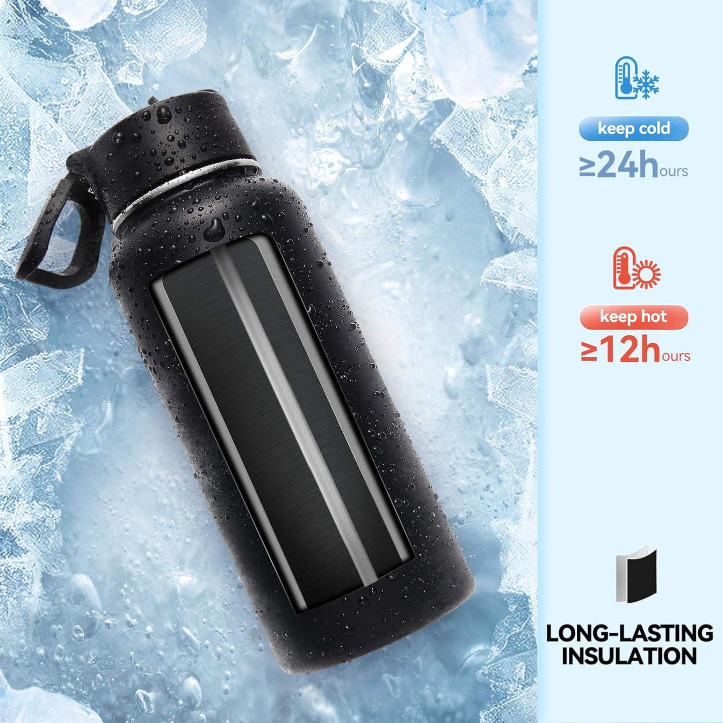 Neihepal Insulated Water Bottle - 32 oz Double Wall Stainless Steel with Straw & Spout Lids | Black