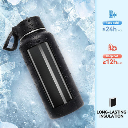Neihepal Insulated Water Bottle - 32 oz Double Wall Stainless Steel with Straw & Spout Lids | Black